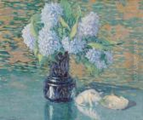 Bouquet D'hortensias, Statuette Japonaise Dans Un Decor Extreme-orient Oil Painting by Georges Dantu