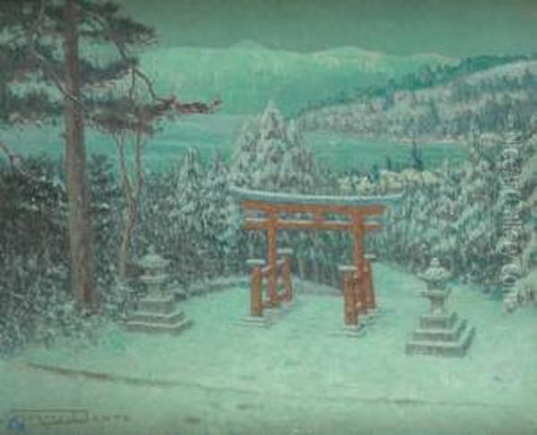 Un Jardin Sous La Neige Devant Le Lac Hakon Au Japon Oil Painting by Georges Dantu