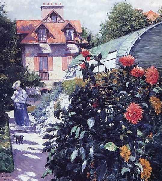 Dahlias The Garden At Petit Gennevilliers Oil Painting by Gustave Caillebotte