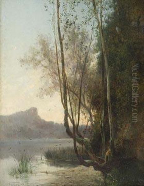 A River Landscape At Dusk. Oil Painting by Louis Emile Dardoize