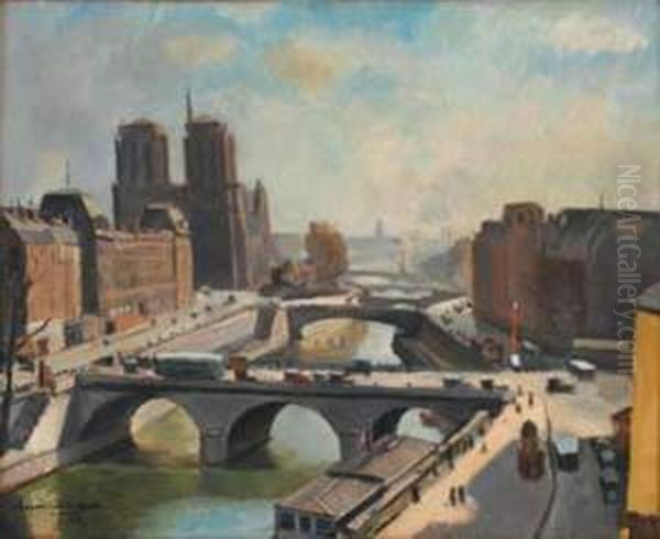 La Seine Et Les Quais Pres De Notre-dame Oil Painting by Georges Darel