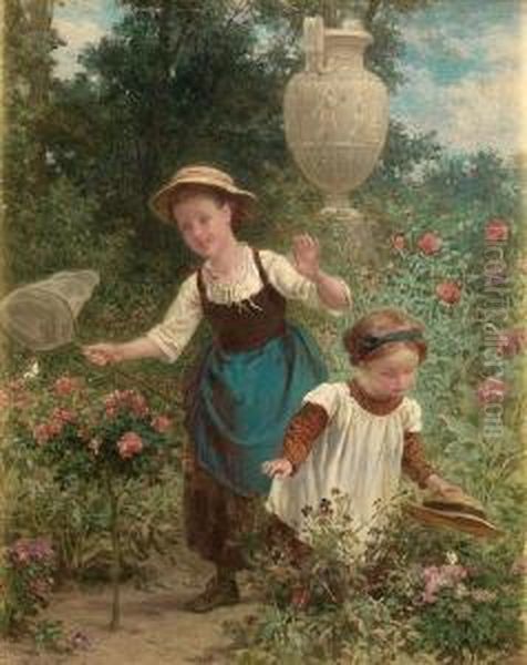 Little Faggot Gatherers; Catching Butterflies Oil Painting by Andre Henri Dargelas