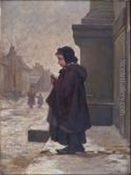 A Study Of A Girl With Prayer Book On Church Steps Oil Painting by Andre Henri Dargelas