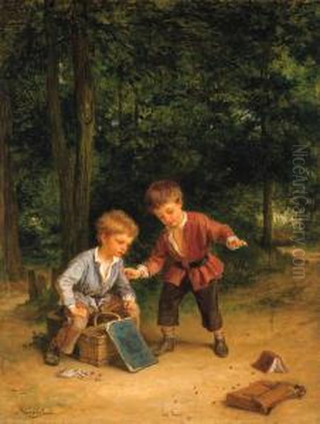 Playing Marbles Oil Painting by Andre Henri Dargelas