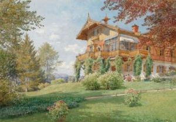 A Villa In A Sunny Garden In Bad Aussee Oil Painting by Hugo Darnaut