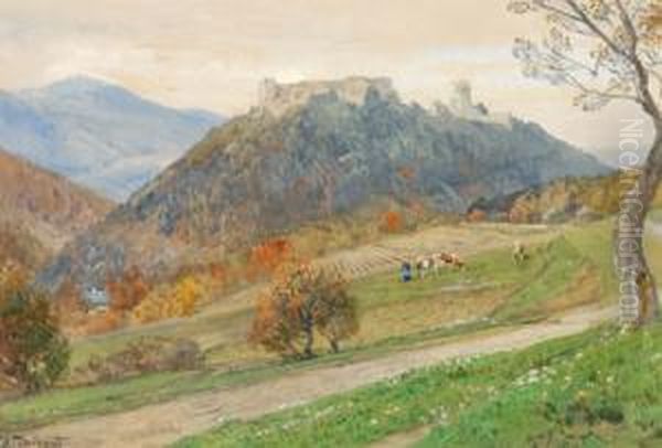 Herbstweide Vor Der Ruine Merkenstein Oil Painting by Hugo Darnaut