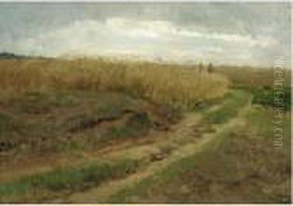 A Cornfield With Two Workers Walking Along A Path Oil Painting by Hugo Darnaut