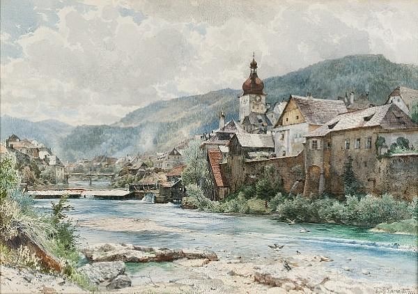 An Austrian Town Oil Painting by Hugo Darnaut