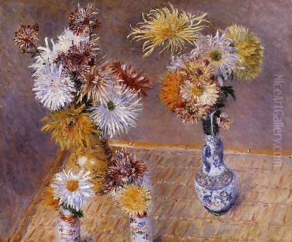 Four Vases Of Chrysanthemums Oil Painting by Gustave Caillebotte