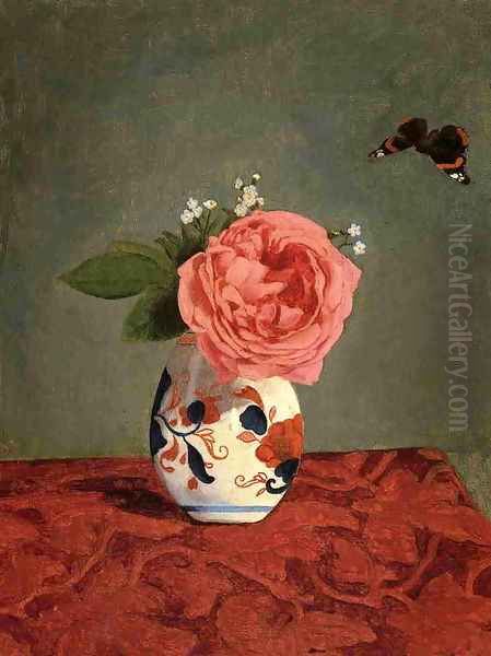 Garden Rose And Blue Forget Me Nots In A Vase Oil Painting by Gustave Caillebotte