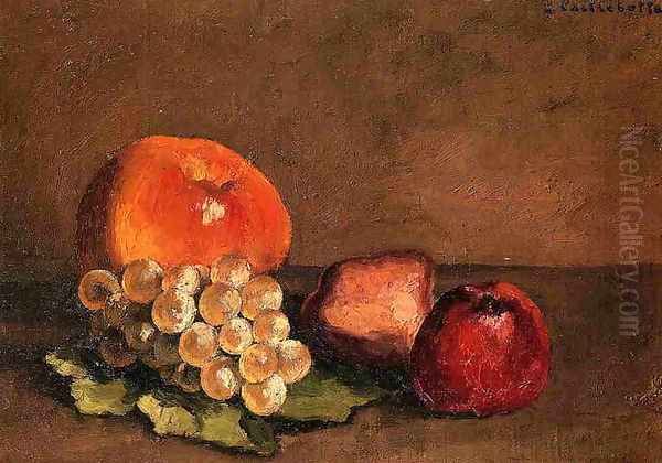 Peaches Apples And Grapes On A Vine Leaf Oil Painting by Gustave Caillebotte