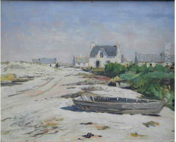  Barque Et Maisons Sur La Cote  Oil Painting by Andre Dauchez