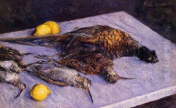 Pheasants And Woodcocks On A Marble Table Oil Painting by Gustave Caillebotte