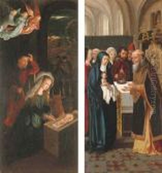 The Nativity; And The Presentation In The Temple: Wings From An Altarpiece Oil Painting by Gerard David