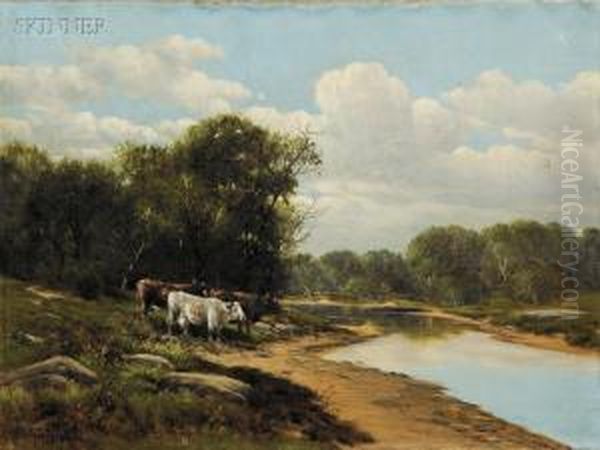 Cows On A River Bank Oil Painting by Charles Grant Davidson