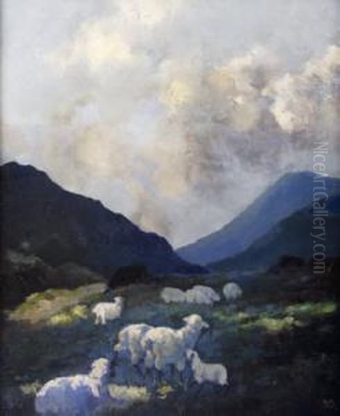 Sheep In Mountain Landscape Oil Painting by Lilian Lucy Davidson