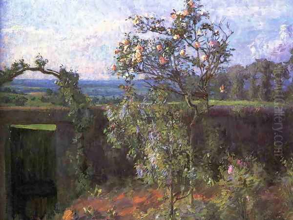 Landscape Near Yerres Aka View Of The Yerres Valley And The Garden Of The Artists Family Property Oil Painting by Gustave Caillebotte