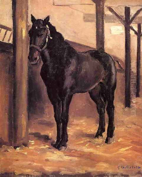 Yerres Dark Bay Horse In The Stable Oil Painting by Gustave Caillebotte