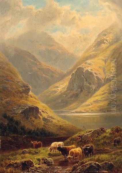 Cattle In A Highland Landscape Oil Painting by William Davies