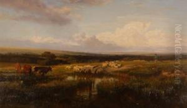 Extensive Farm Landscape With Cattle Oil Painting by Henry William Banks Davis, R.A.