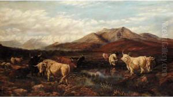 Highland Cattle Watering Oil Painting by Henry William Banks Davis, R.A.