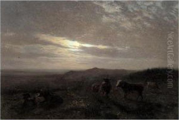 Study Of Cows By Moonlight Oil Painting by Henry William Banks Davis, R.A.