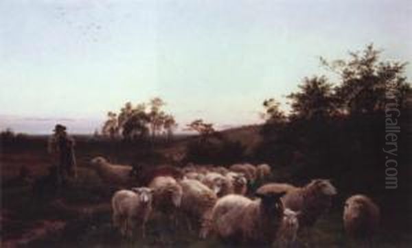 Shepherd With His Flock Oil Painting by Henry William Banks Davis, R.A.