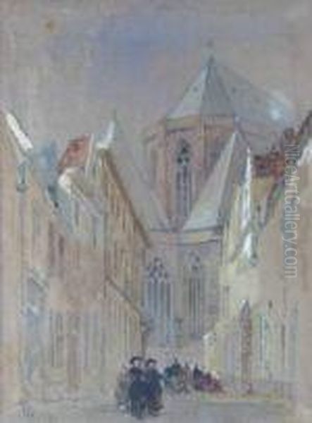 Figures In A Street Before A Church Oil Painting by John Scarlett Davis