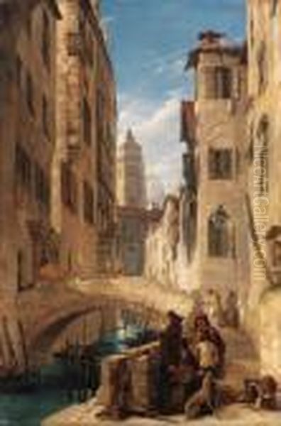 View Of A Venetian Canal With A 
Religious Procession On A Bridge,and A Monk At The Foot Of The Steps Oil Painting by John Scarlett Davis