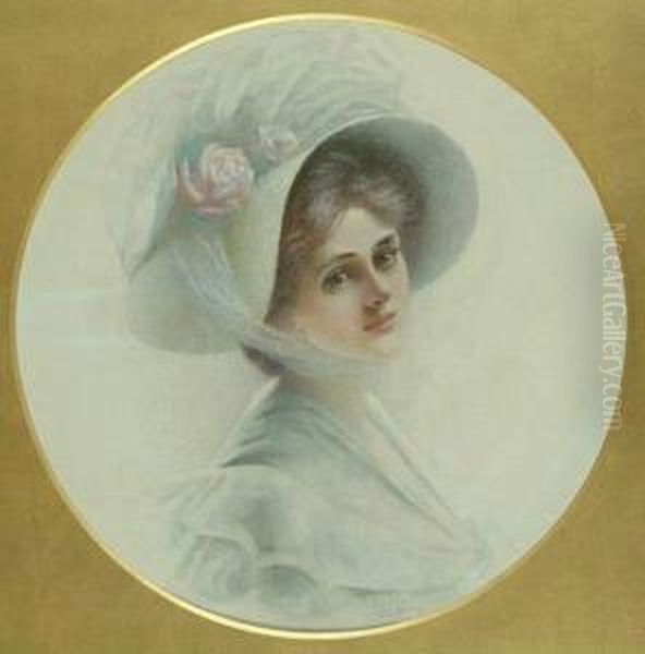 A Young Lady Wearing A Rose-trimmed Hat Oil Painting by Lucien Davis