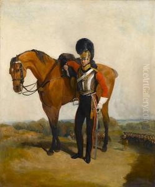 An Officer Of The 2nd Life 
Guards In Full Dress With His Horse, Windsor Castle In The Background Oil Painting by Richard Barrett Davis