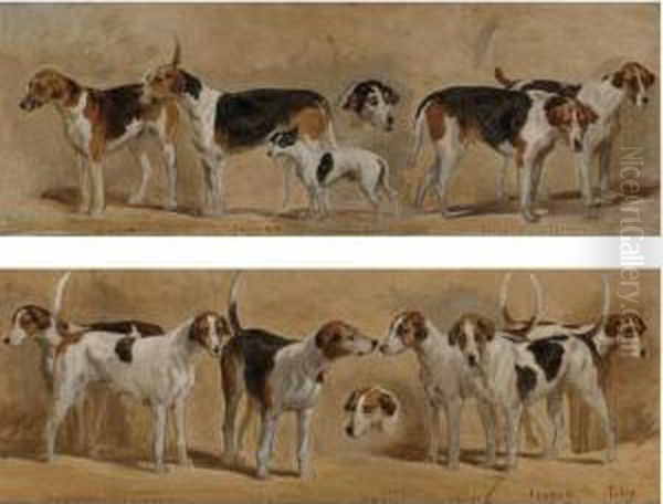 Favorite Foxhounds: A Pair Oil Painting by Richard Barrett Davis