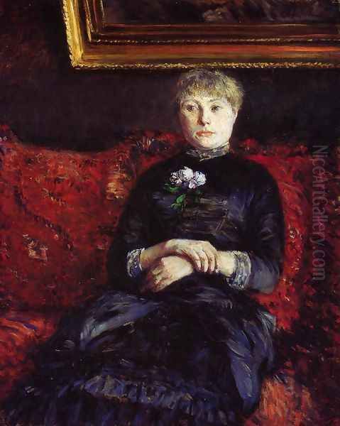 Woman Sitting on a Red-Flowered Sofa Oil Painting by Gustave Caillebotte