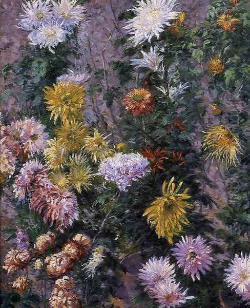 White and Yellow Chrysanthemums, Garden at Petit Gennevilliers Oil Painting by Gustave Caillebotte