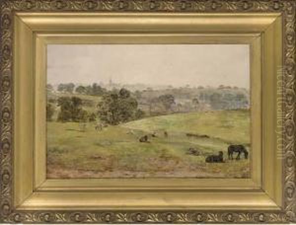 Horses Grazing In A Somerset Landscape Oil Painting by William Davis