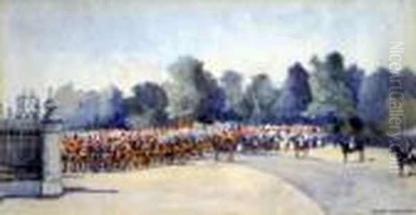 Troops At The Gates Of 
Buckingham Palace, Queen Victorias Jubilee, Signed, 7.25 X 13.75 Ins Oil Painting by Nora Davison