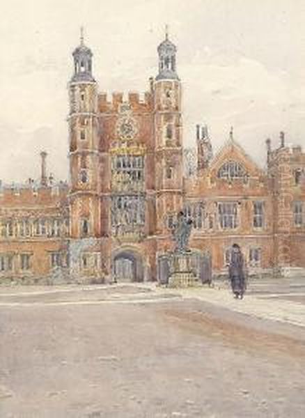 Views Of Eton College: Lupton's Tower, School Yard; Outside The Library; Lower School Oil Painting by Nora Davison