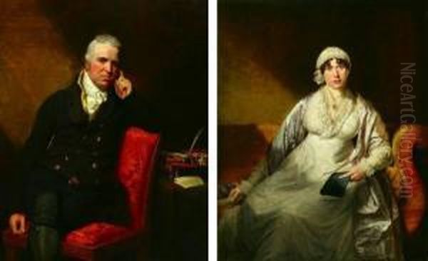 Gentleman And Lady With A Book - A Pair Oil Painting by George Dawe