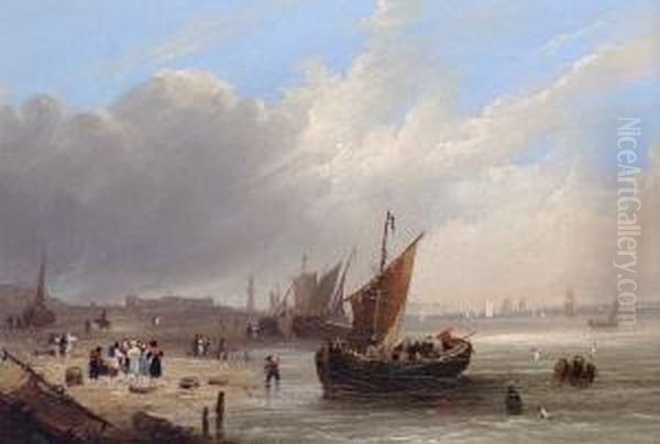 Shipping Off A Harbour Entrance; Unloading The Catch Oil Painting by Philip Dawe