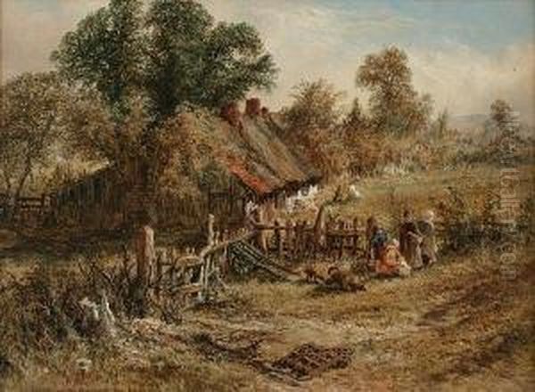 Children Playing Before A 
Cottage, Together With Another Similar, Farmers By A Barn, A Pair Oil Painting by Alfred Dawson