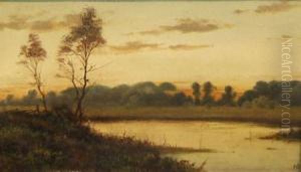 Sunset On The River Avon (see Label Verso) Oil Painting by Henry Thomas Dawson