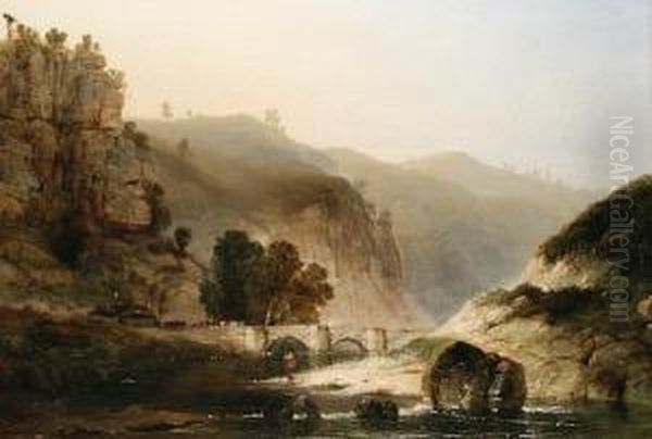 A River Landscape With An Angler In The Foreground Oil Painting by Henry Thomas Dawson