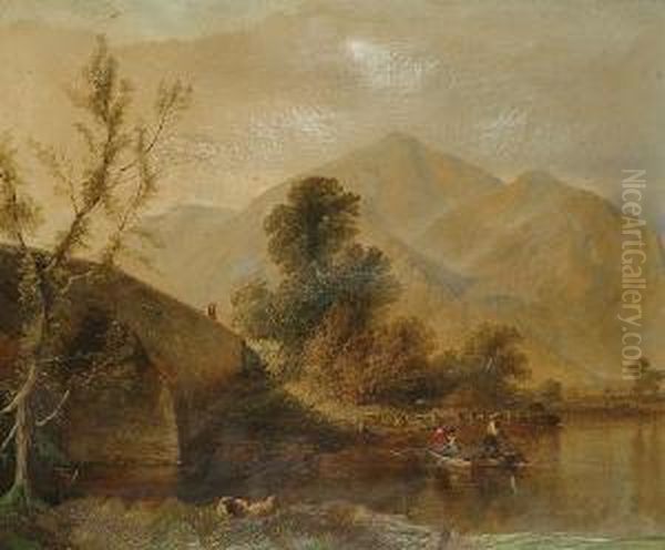 Figures Rowing On A Lake, A Mountainous Landscape Beyond Oil Painting by Henry Thomas Dawson