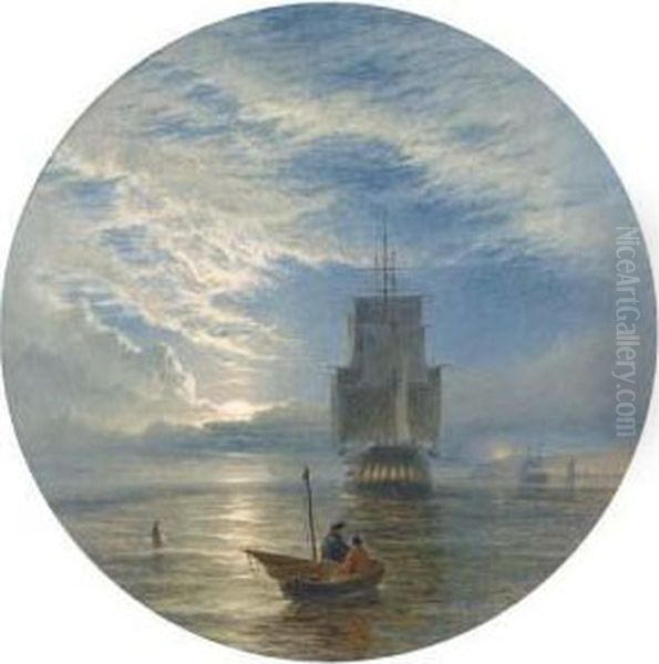 A Frigate Becalmed Off A Port By Moonlight Oil Painting by Henry Thomas Dawson