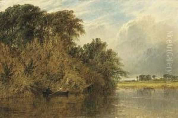 The River Trent, With Men Rowing In Boats Oil Painting by Henry Thomas Dawson