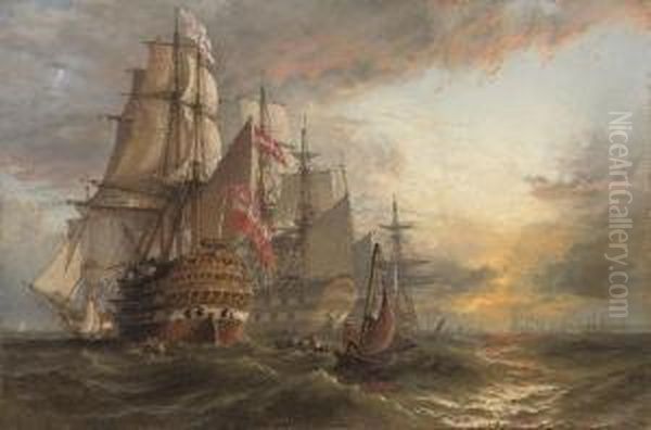 A Squadron Of Danish Warships 
Moored Off The Entrance To Portsmouth Harbour, With The Masts Of 
Shipping In The Harbour In The Distance Oil Painting by Henry Thomas Dawson