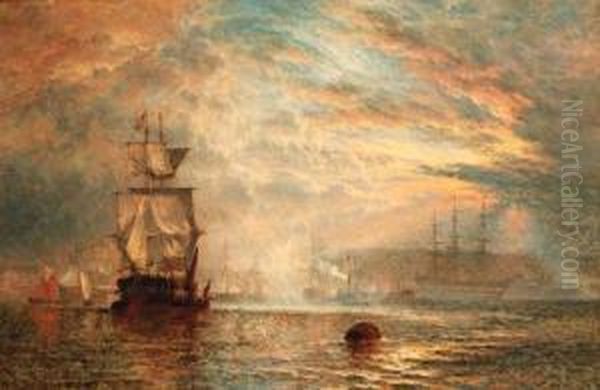 Sailing Out Past The Guardship On The Evening Tide Oil Painting by Henry Thomas Dawson