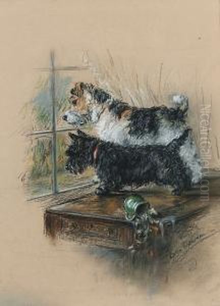 The Look Out - A Wire Fox Terrier And A Scottie By A Window Oil Painting by Lucy Dawson