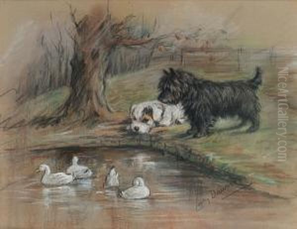 Out Of Reach - A Sealyham Puppy And A Scottie By A Duck Pond Oil Painting by Lucy Dawson