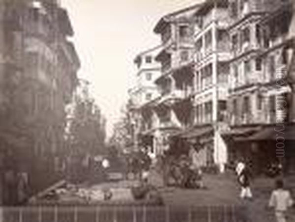 Street Scene, Bombay, 1880s Oil Painting by Lala Deen, Raja Dayal